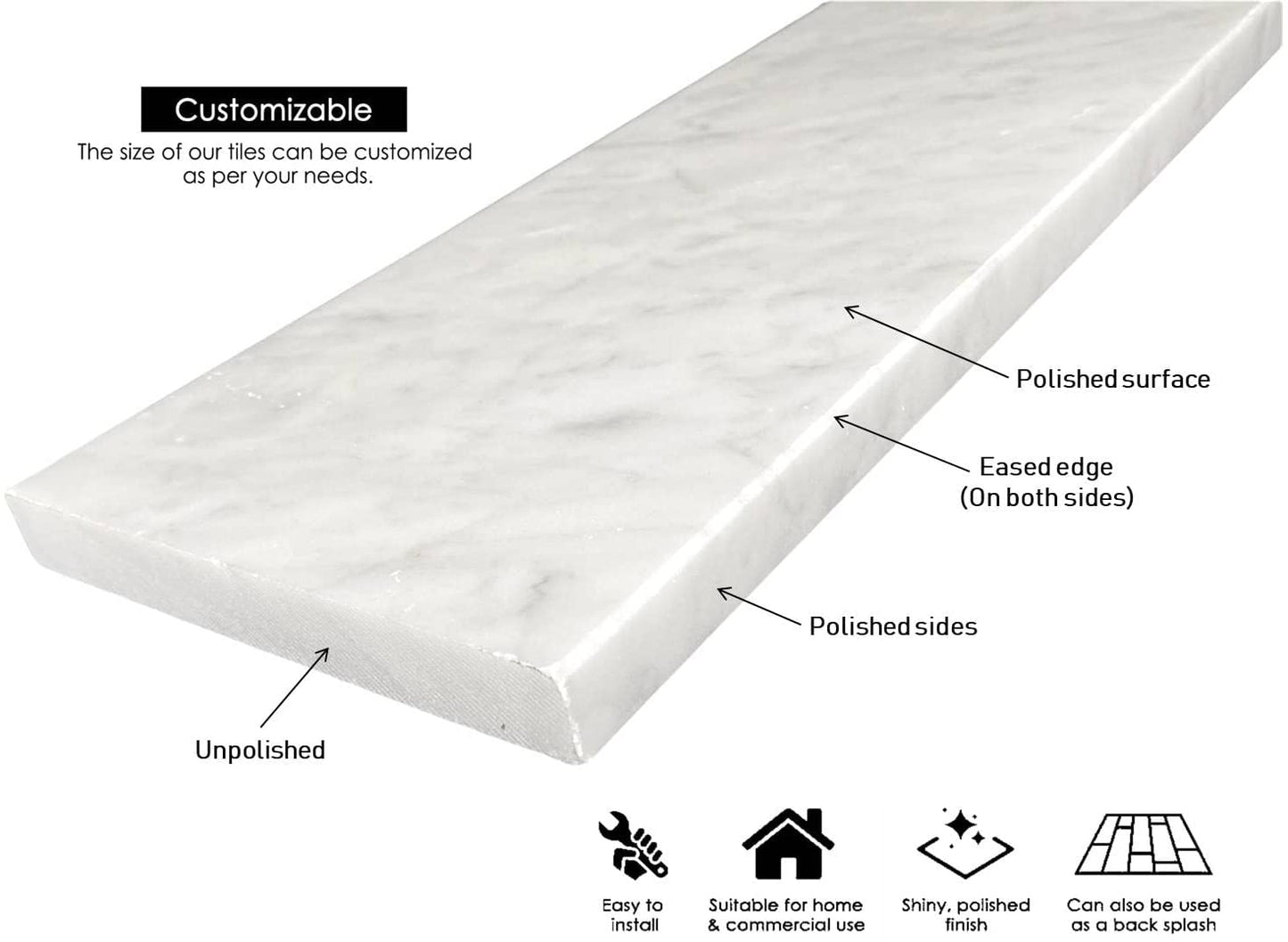 Carrara Bianco White Marble Threshold (Marble Saddle)-Window Sill-Shower Curb-Polished-(6" x 60")- Custom Size Please Contact